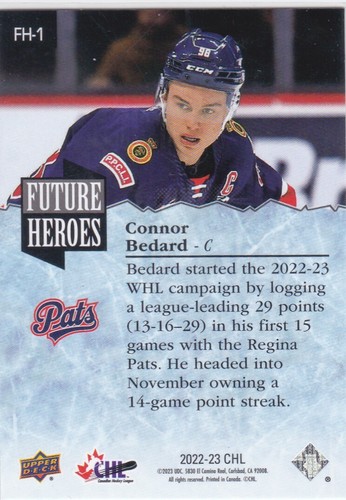 2022/23 UPPER DECK CHL..CONNOR BEDARD..FUTURE HEROES..CARD # FH-1..BLACKHAWKS - Picture 2 of 2