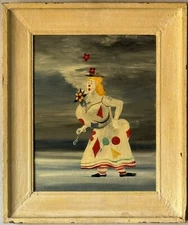 JOHN MORRIS MODERN WOMAN CLOWN OIL PAINTING OLD VINTAGE SURREALISM ABSTRACT 60
