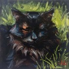 Peinture à l'huile originale chat moelleux noir 8 x 8 pouces chat endormi