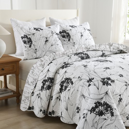 3-Piece Polyester Black and White Botanical Floral Quilt Bedspread Set BY222 - Picture 11 of 39