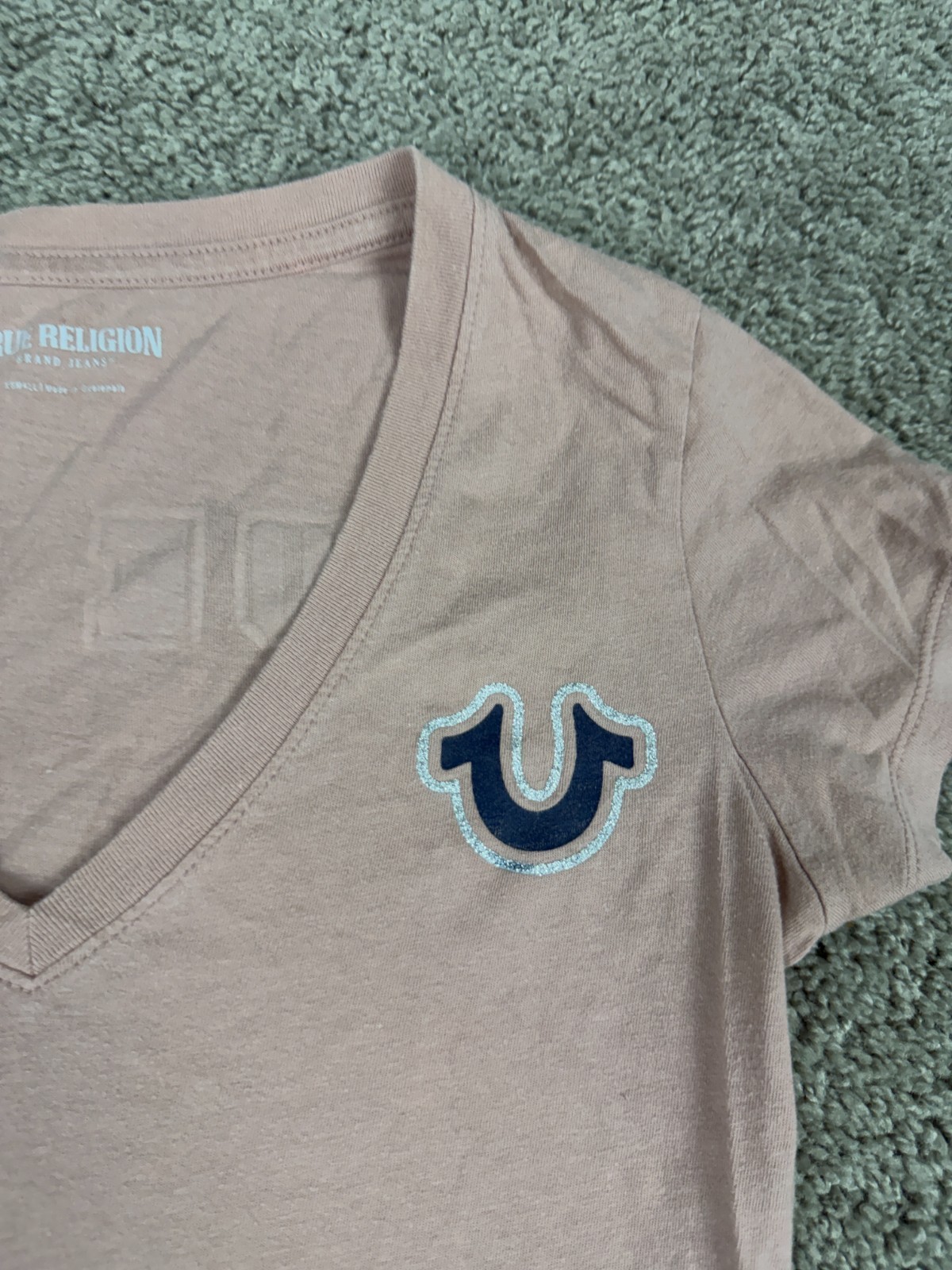 True Religion Shirt Womens Extra Small Pink Black Glitter Logo V Neck Tee thumbnail 4