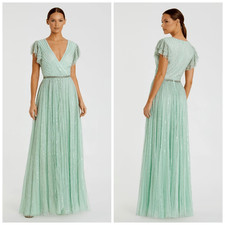 Mac Duggal 5502 Green Sequined Wrap Over Ruffled Cap Sleeve Gown Size 2