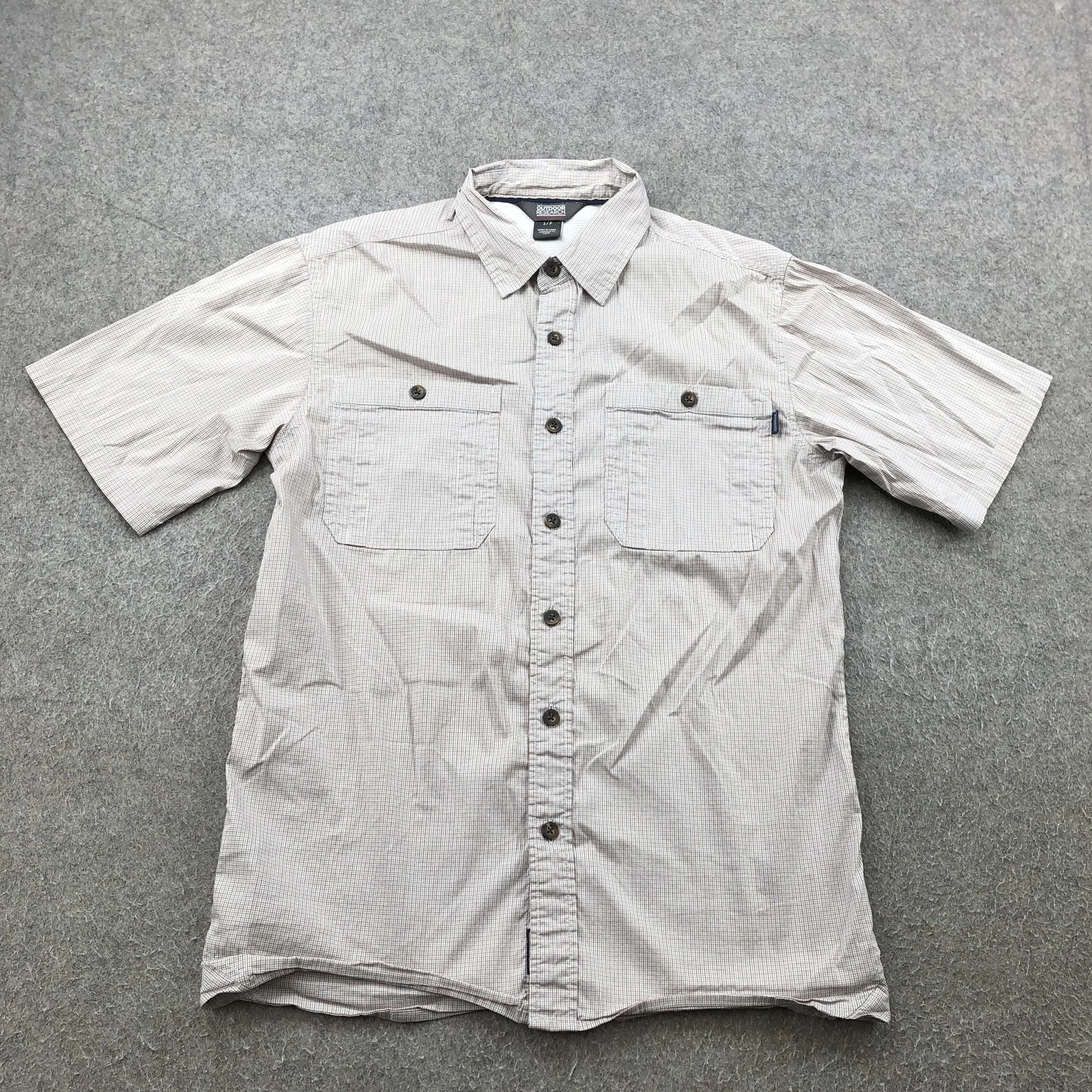 Outdoor Research Shirt Mens Small Beige Plaid Short Sleeve Button Front Hiking