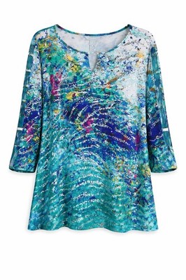 Ali Miles $74 Top Women s 1X Blue/Green/Silver Blouse Abstract Print Tunic NEW