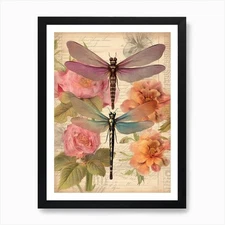 Dragonfly Vintage Pastel 1 Art Prin Framed Wall Art Poster Canvas Print Picture