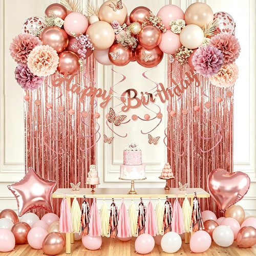 Pink Rose Gold Birthday Banner Decorations for Women Girls Happy Birthday Sig...