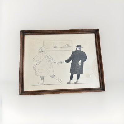 Pair of Original J. Herr Signed Drawings   Judaica Satire Caricature Ink & Wash
