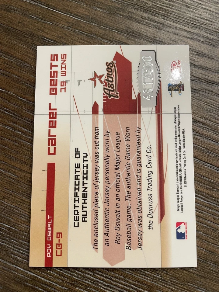 2003 Donruss Elite #CB-9 Roy Oswalt Career Bests Materials #/500 - Image 2 of 2