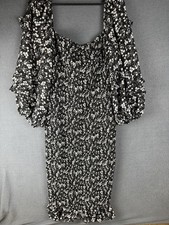 Petal & Pup Dress Women’s 12 Black White Floral Smocked Bodycon Puff Sleeve Boho