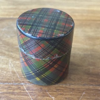 Mauchline Tartan Ware. Thimble holder Cylindrical.Tartan Unknown. H 4.5 x D 4 cm