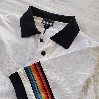 Just Cavalli Polo Shirt Mens L White Colorful Stripe Short Sleeve Graphic NWT