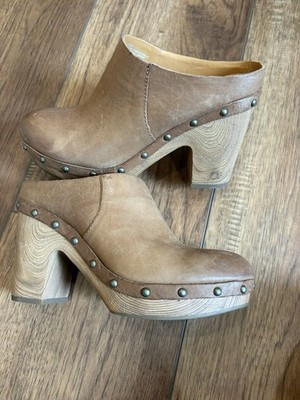 Kork Ease Demi Clog US 8 Brown Leather Wood Heel Studded Retro Boho Western