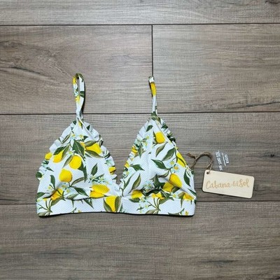 Cabana del Sol Womens Lemon Print Ruffle Bikini Top Size Medium White Yellow