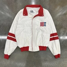 Vintage 80s Budweiser Bud Man Swingster Large Jacket Made In USA White Red 