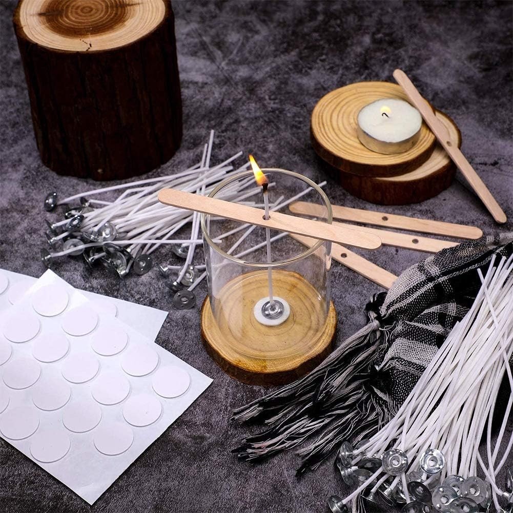 Bulk 6" Candle Wicks 100 Pcs with Stickers & Holders for DIY Candle Making