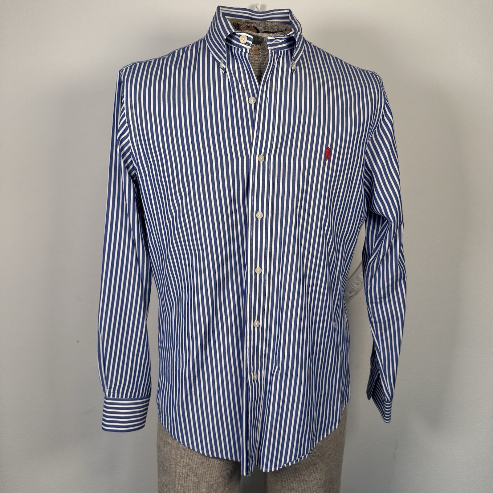 Camicia Ralph Lauren Golf con bottoni uomo blu a righe LS vestibilità personalizzata rosso pony med