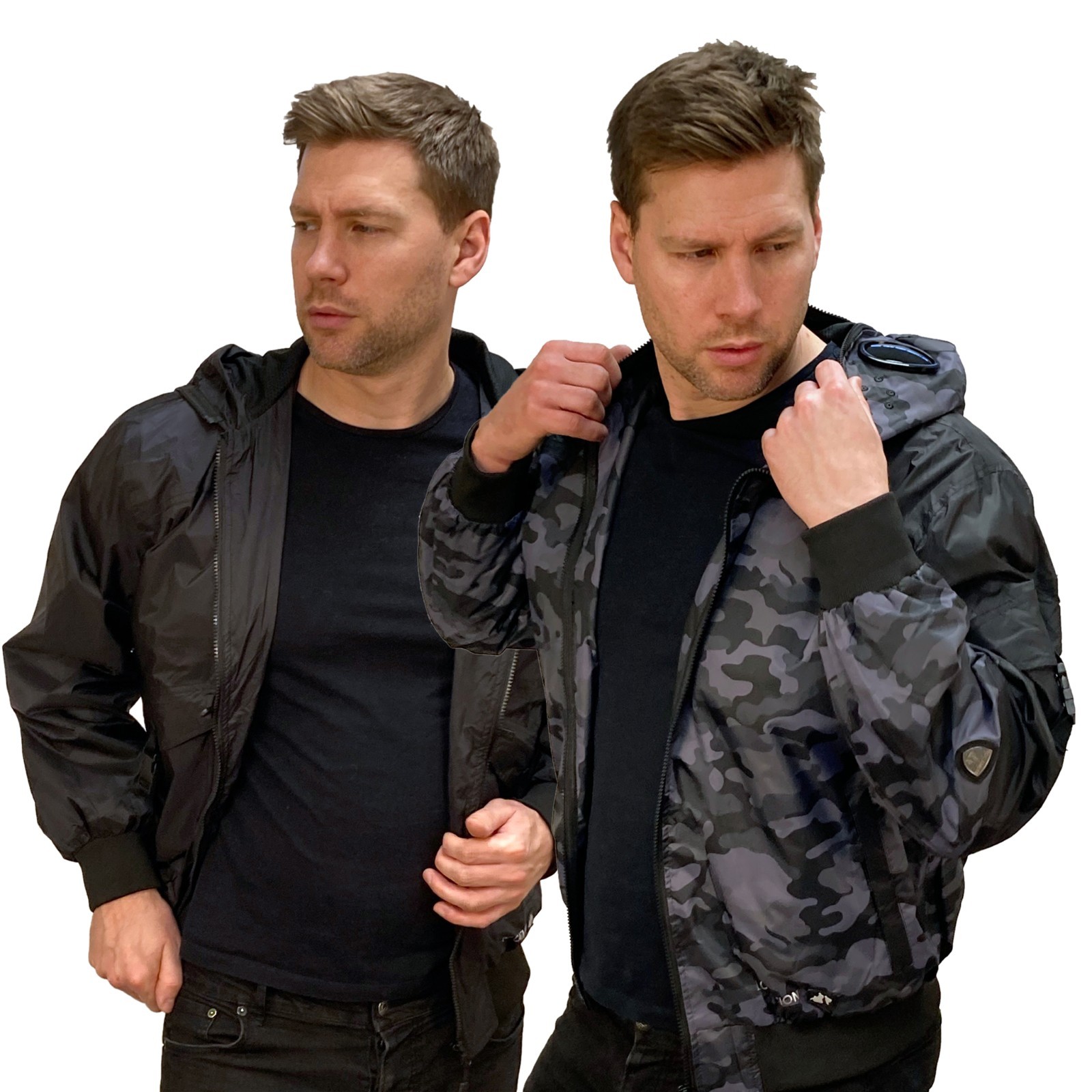 Chaqueta de bombardero con capucha impermeable para hombre estilo gafas abrigo de lluvia negro o camuflaje
