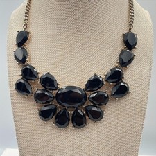 Vtg Statement Necklace Black Gold Tone Bib Fringe Chunky Teardrop Cluster Boho