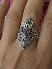 Vintage 925 Sterling Silver Amethyst Marcasite Ring Size 9