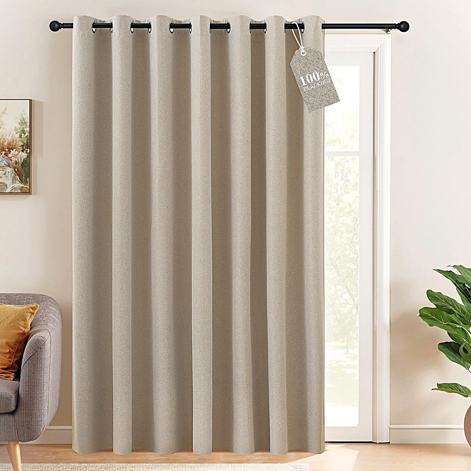 100% Blackout Linen Curtain for Patio Sliding Door, W100 x L84 in Room Divide...