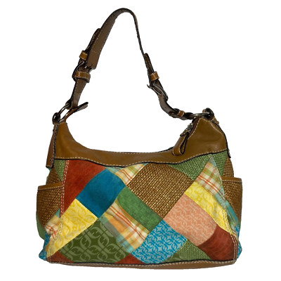 Vtg Fossil Colorful Leather Patchwork Shoulder Bag Floral Bohemian