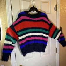 A New Day Women M Sweater Pullover Striped Colorful Fuzzy Fluffy Rave Christmas 