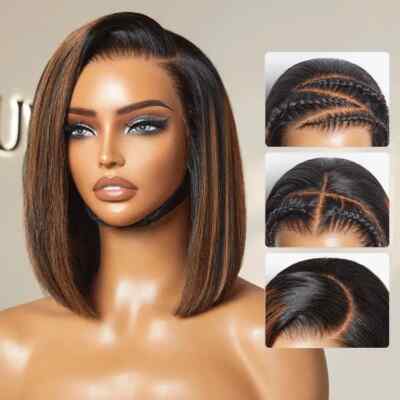 Brown Highlight Straight Cut Bob Natural Looking Lace Front Human Hair Wig