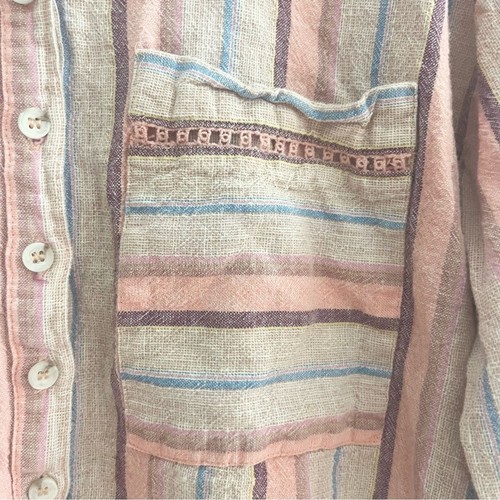 Camicetta Maeve by Anthropologie Lida misto lino a righe 1/4 bottoni rosa bianco M - Foto 7 di 11