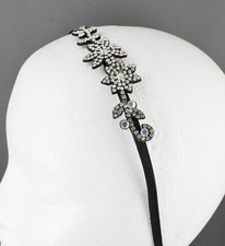 Black crystal thin skinny dressy head band hair accessory clear crystal flower
