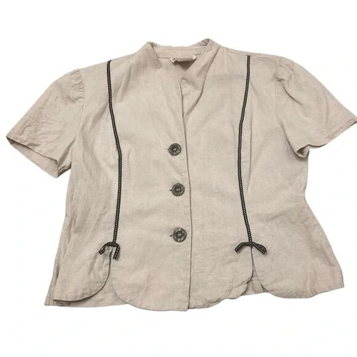 Vintage Linen Blend Boho Button Up Top, Bows, Cream, Scalloped Hem, Women’s 10P - Picture 4 of 9