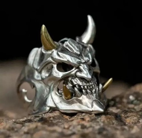 Herren Hannya Maske Teufel Prajna Ring Totenkopf Retro Rock Gothic Ring verstellbar Ring D - Bild 2 von 4
