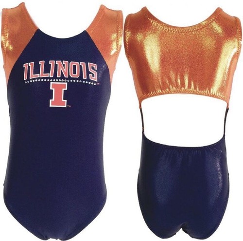 Leotard ginnastica nuovo con etichette University of Illinois blu navy arancione college schiena aperta - Foto 2 di 4