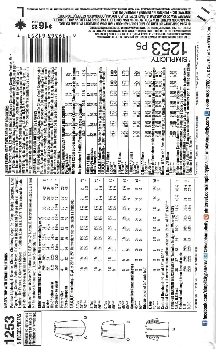 Simplicity Sewing Pattern 1253 Misses' Top With Length