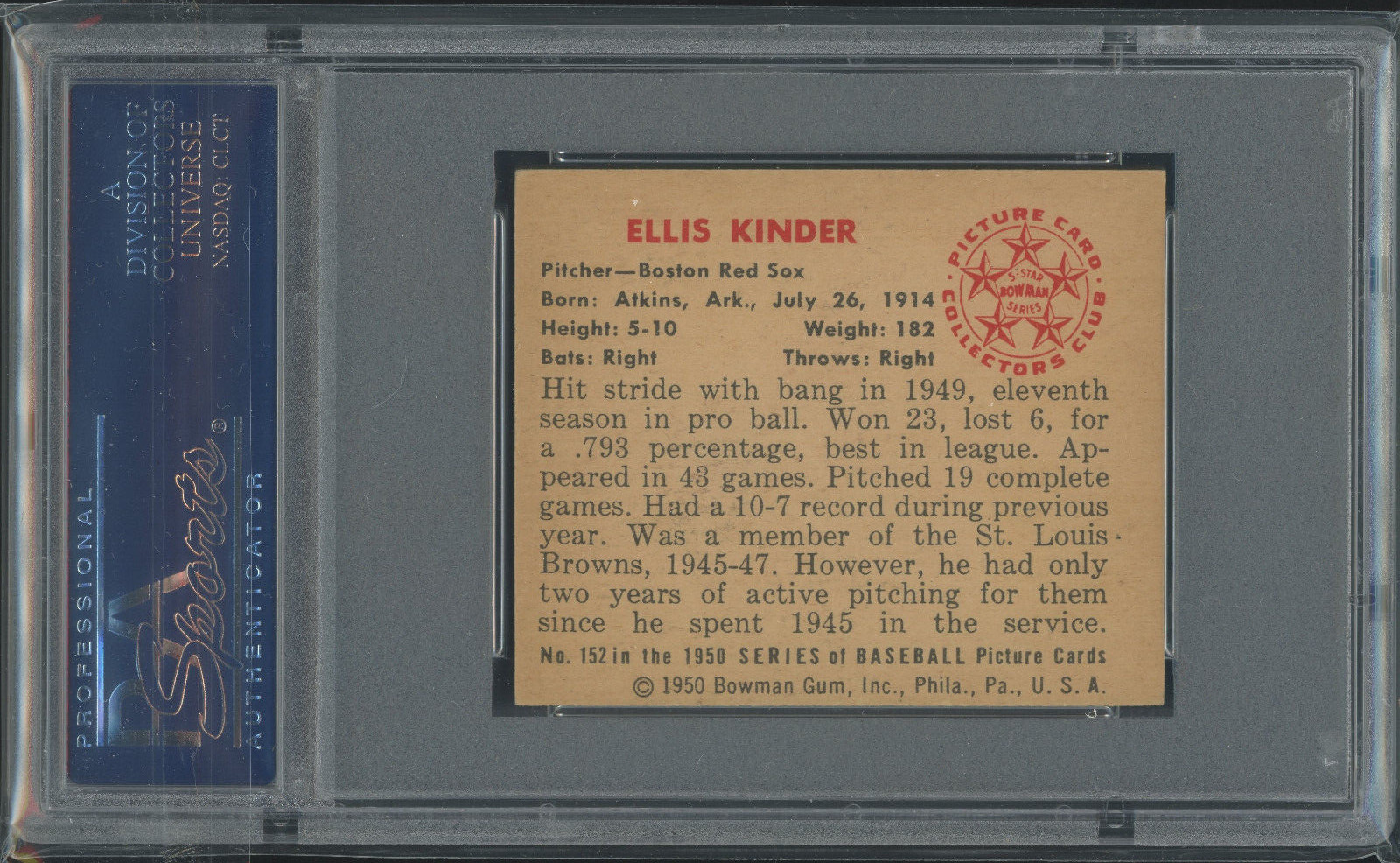 1950 Bowman 152 Ellis Kinder Boston Red Sox RC PSA 6 Vintage Baseball Card view 3