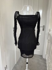 Women’s - PLT Short Black Mesh Bodycon Ruche Dress Long Ruched Sleeves