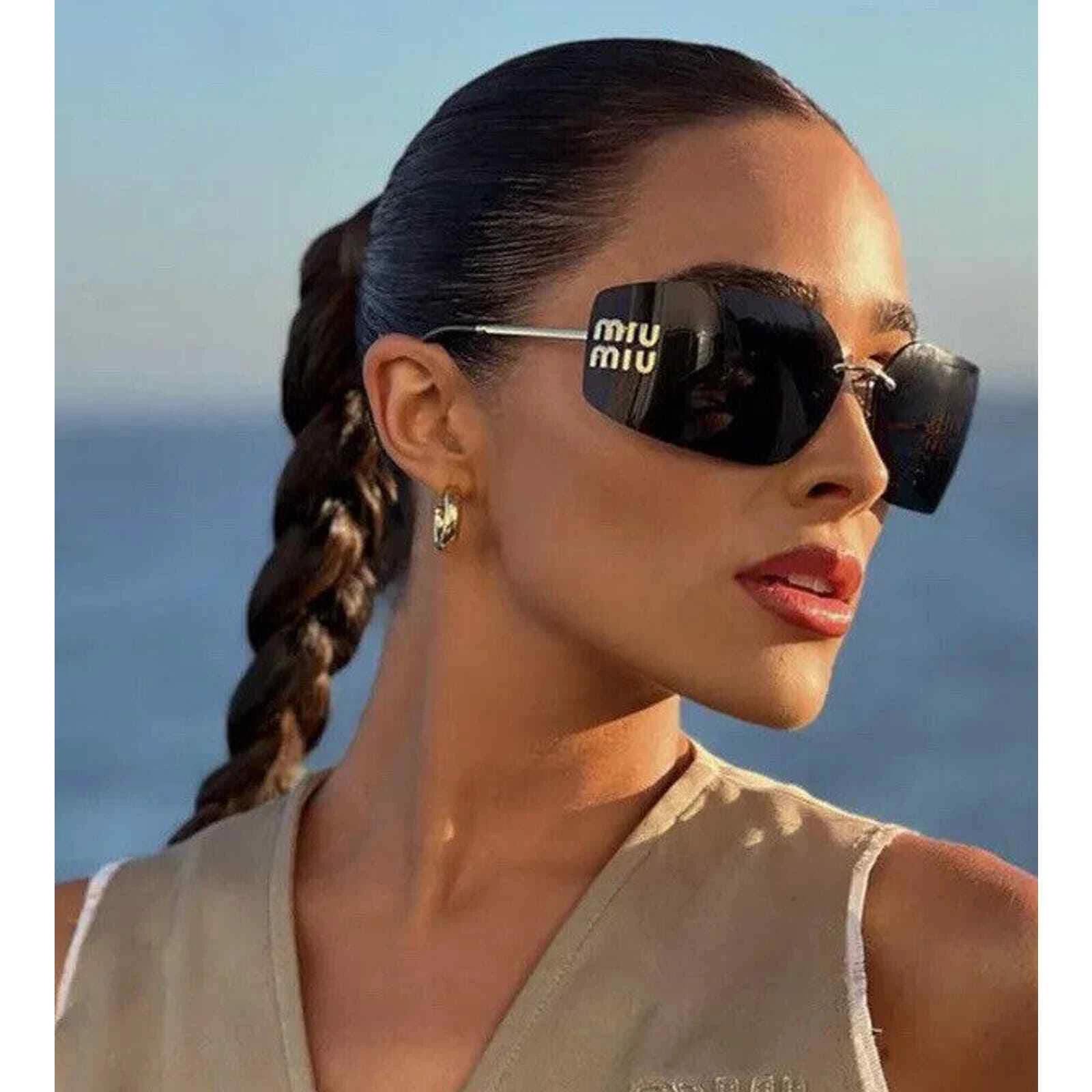Miu Miu — Miu Miu Sunglasses MU 54YS Gold Dark Grey 5AK5/S0 Women Wrap Logo AUTHENTIC