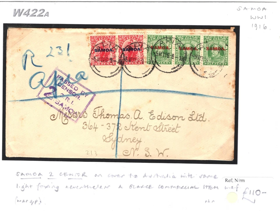 SAMOA WW1 Cover *Censor 2* 1916 NZ Overprints Sydney NSW {samwells-covers}W422a - Image 2 of 4