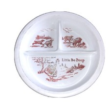 Vintage Fire King Vitrock Little Bo Peep Childs Divided Dish white red graphic