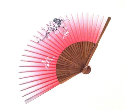 Ombre Pink Color Japanese Bamboo Silk Hand Fan in Plum Flower Flower Print - Picture 3 of 3