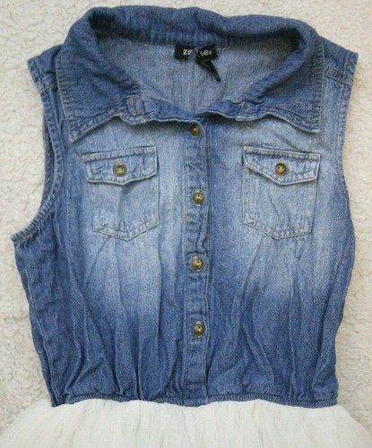 Zuyie Girls Blue White 2 Pocket Kids Dress Large Sleeveless Denim & Lace M31 - Picture 3 of 5