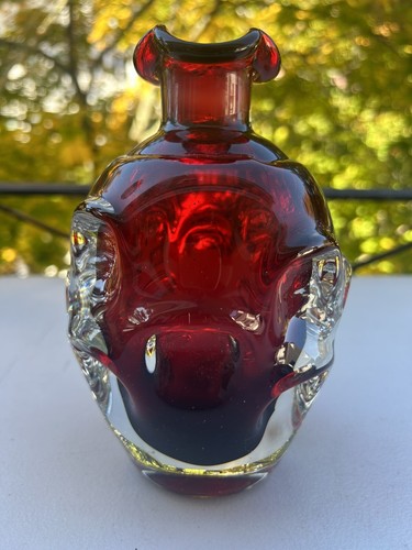 Vase Ruby Red Aseda Swedish Art Glass Bergstrom Ruby Thumbprint Decanter 7” - Picture 4 of 5