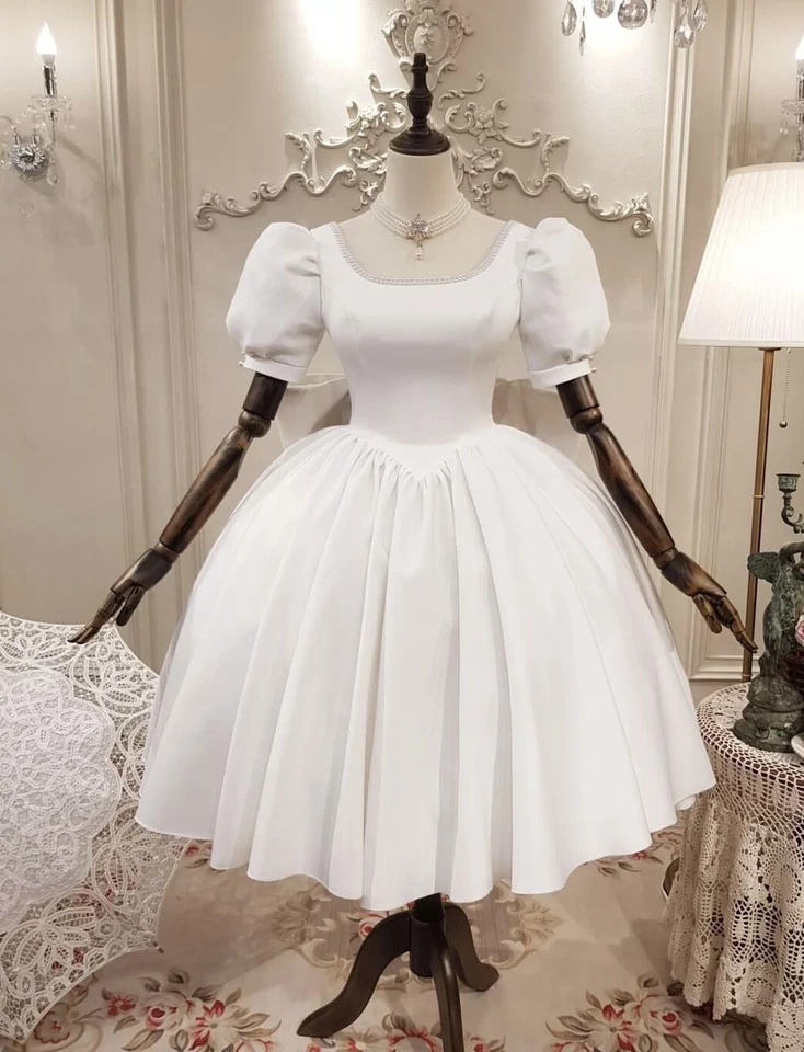 Short Wedding Dresses with Big Bow Princess Square Neck Puff Sleeves Bridal Gown - Image 2 of 4