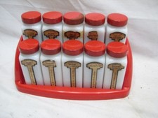 Early Art Deco Griffiths Spice Set w/Red Modern Rack Milk Glass Jars Metal Lid 
