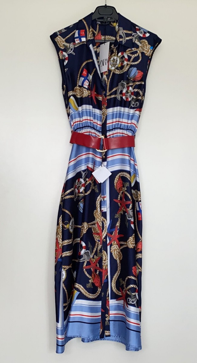 ZARA PRINTED DRESS WITH RED BELT SLEEVELESS MIDI SIZE XS REF
