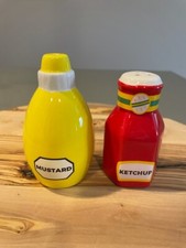 Ketchup  Mustard Salt  Pepper Shakers, Ceramic, Red  Yellow w Stoppers, EUC