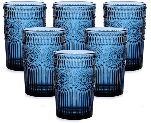 Vintage Glassware Set of 6, 13oz Textured Flower Tumblers for Water, Cocktails