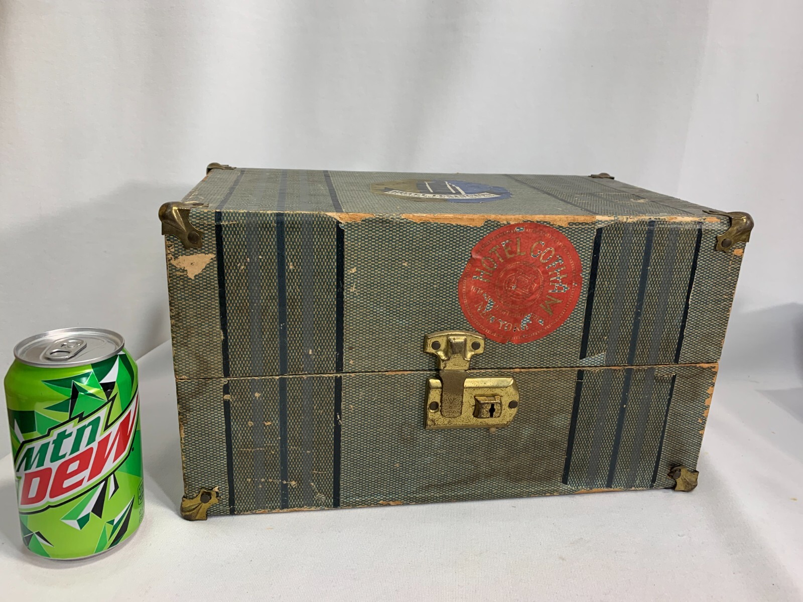 1930's Composite DOLL TRUNK Brass Knuckle Corners Pin Stripe pattern 13"x8"x8"