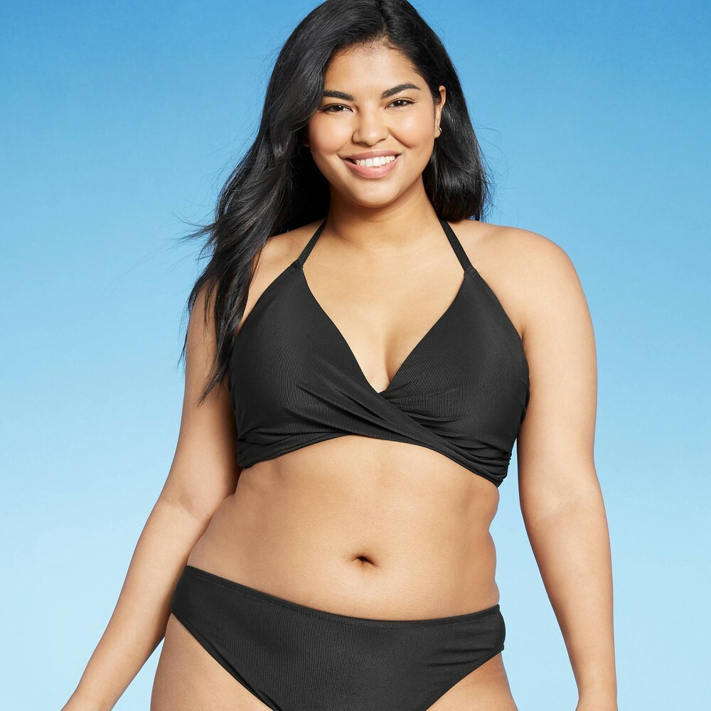 Women's Lightly Lined Ribbed Wrap Front Bikini Top - Shade