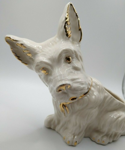 Vintage Scottie Westie Cairn Terroir oro e crema fioriera cane aria piante finte - Foto 8 di 12