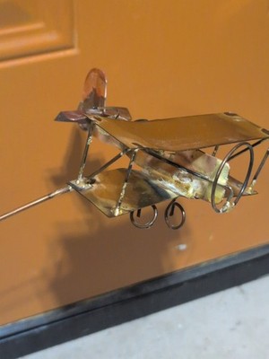 Mid-Century Modern Kinetic Floating Handmade Copper Biplane Airplane Driftwood